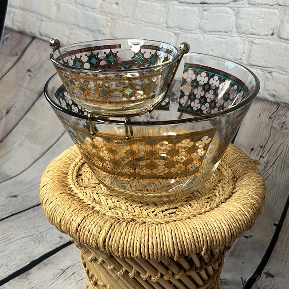 Vintage Mid Century chip dip glass bowl gold leaf green quatrefoil pattern - Picture 4 of 7